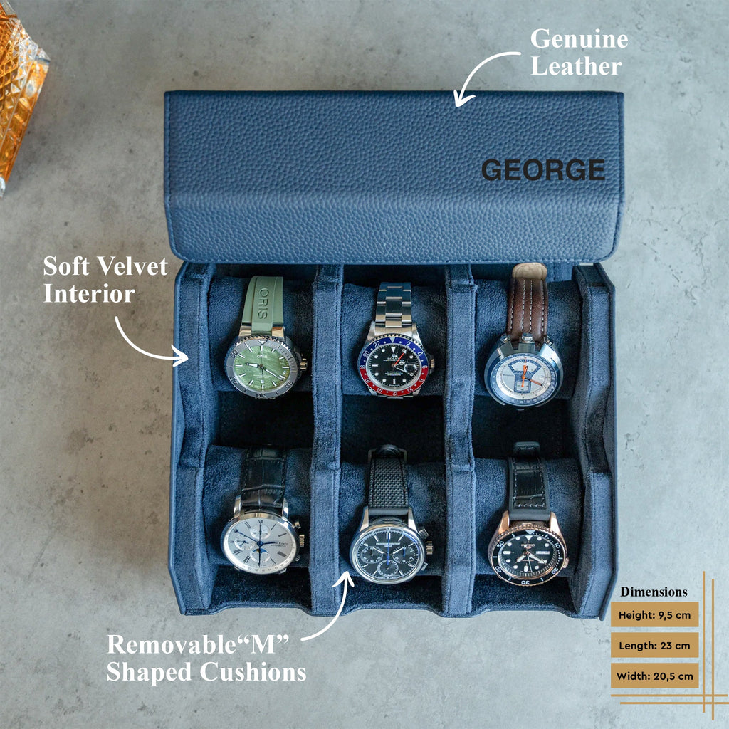 Personalized Hexagon Navy Blue 6 Slot Watch Box